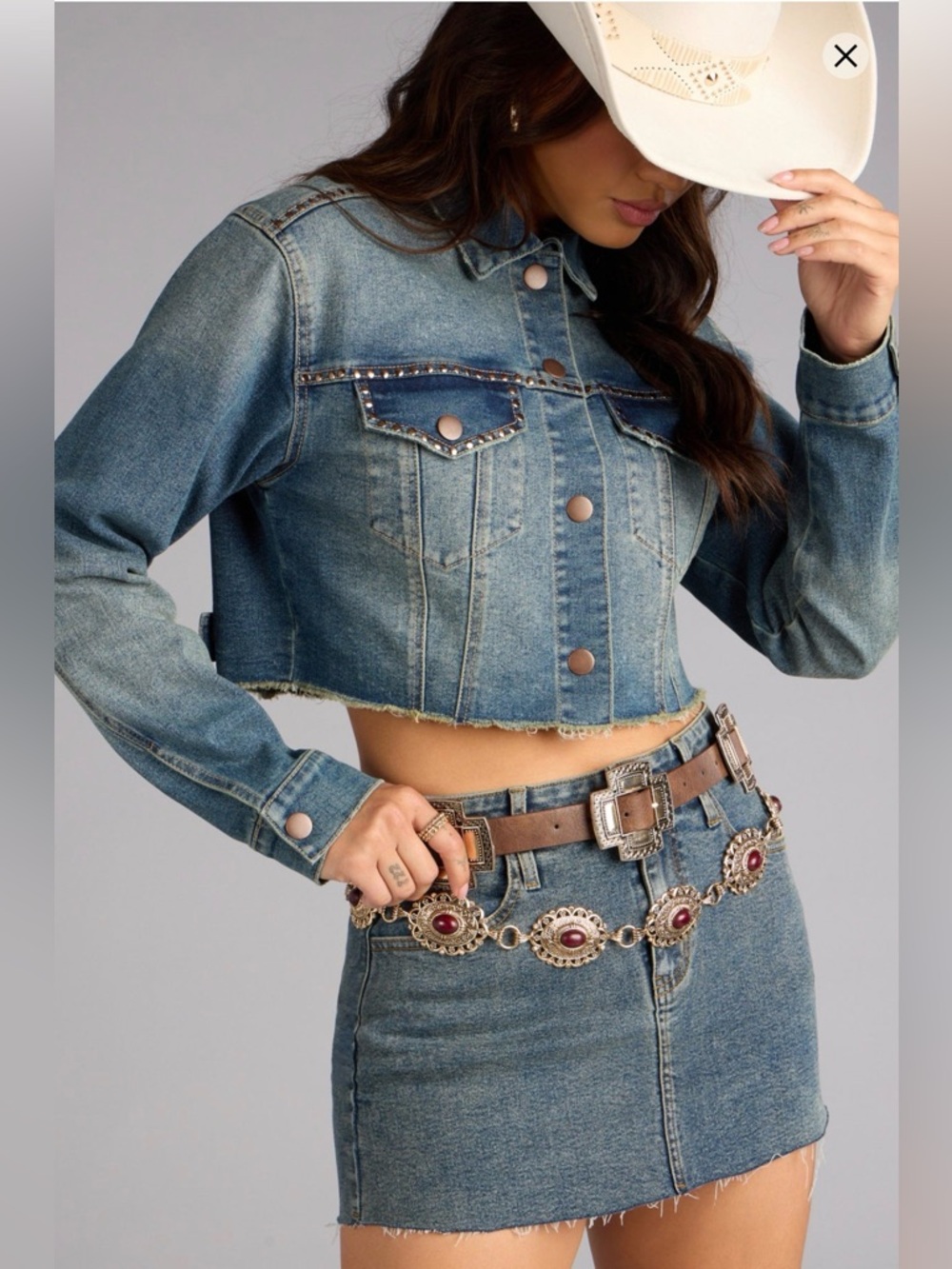 Xhilaration Blue Stud-Trim Cropped Denim Jacket